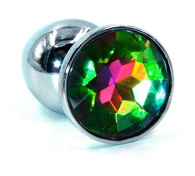 Серебристая малая анальная пробка с радужным кристаллом - 7 см. (Цвет: разноцветный)