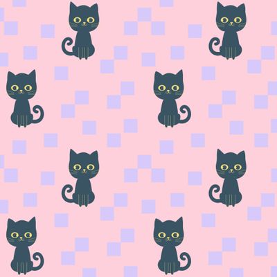 Бесшовный узор с котами и квадратами на розовом фоне