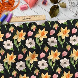 Ткань оксфорд 210 жёлтые нарциссы на чёрном фоне