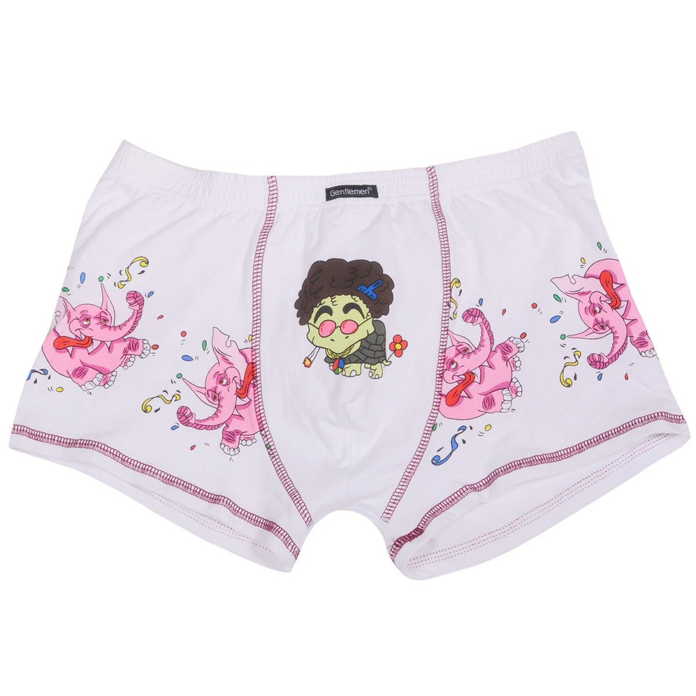 Мужские трусы-боксеры с забавным принтом - слонами и черепахой (Размер: XXL) (Цвет: белый)