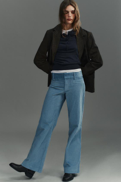 ZARA РАСКЛЕШЕННЫЕ БРЮКИ ИЗ ВЕЛЬВЕТА, ЛИНЯЛЫЙ ГОЛУБОЙ