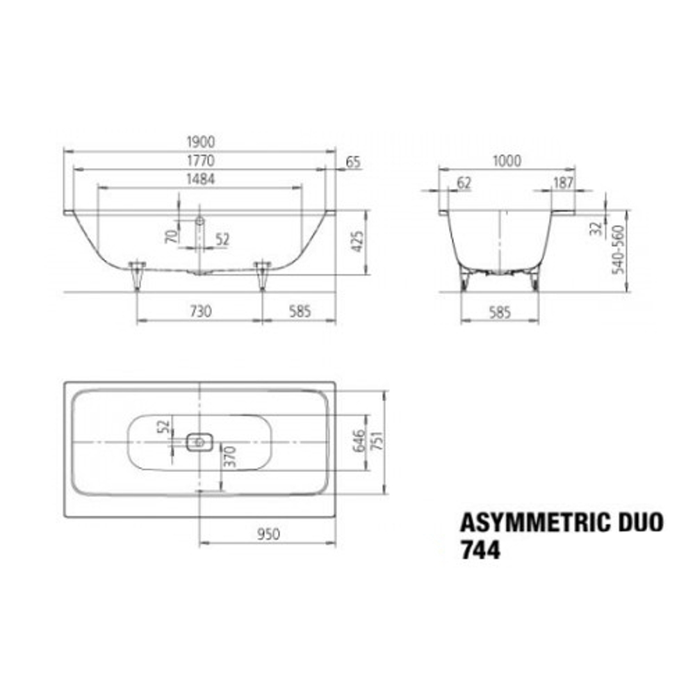 Стальная ванна 190х100 Kaldewei Asymmetric duo 744 274400010001