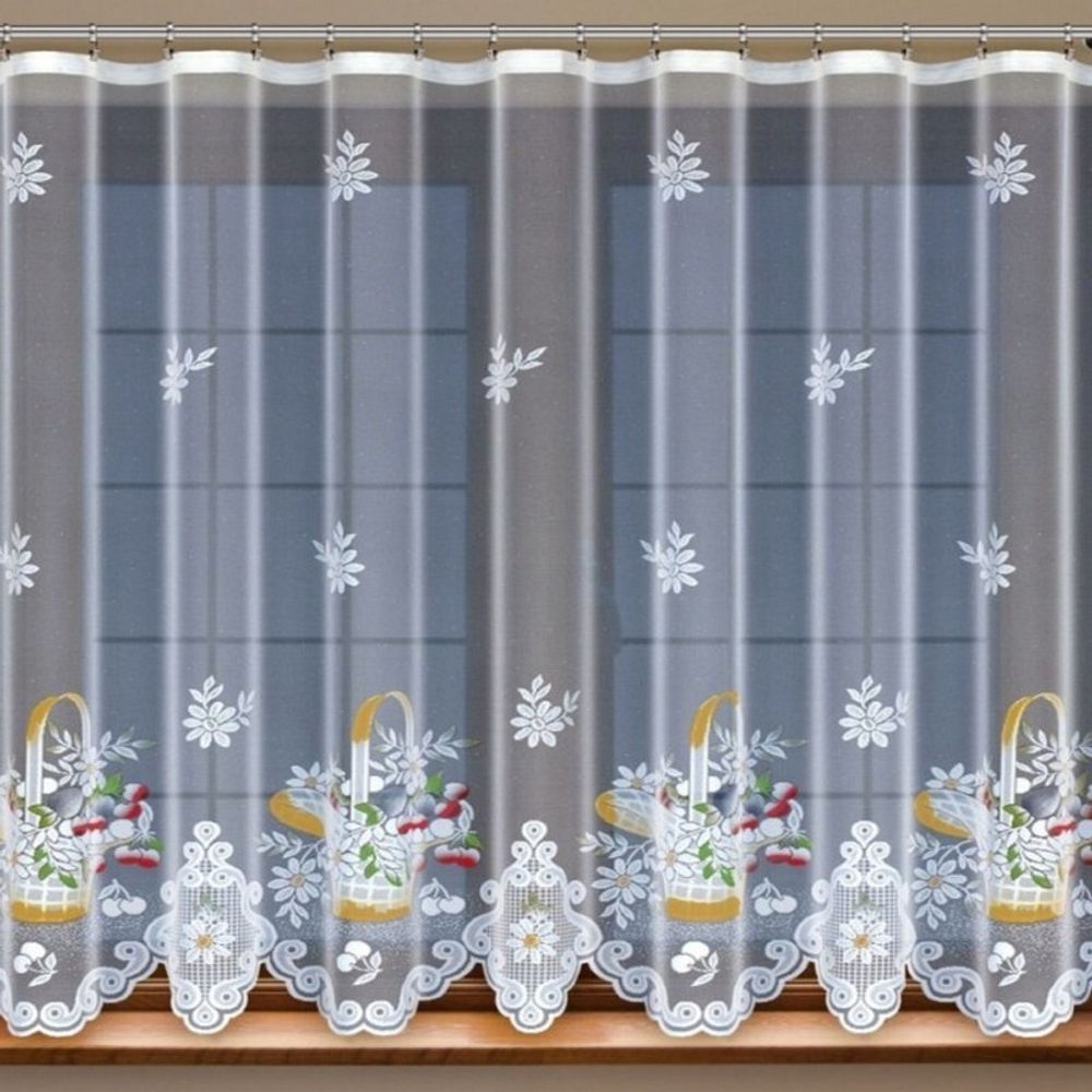 Занавеска &quot;Ф. КОРЗИНКА С ВИШНЕЙ&quot;, цвет белый с ярким рисунком, Польша.