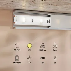 Светодиодная лента Базовая 12В 2835 9,6Вт/м 3000K 5м IP 20 201168 Led Strip 201168
