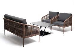 "Канны" лаунж-зона 4-местная из роупа со столом "Верона" (серый гранит), каркас алюминиевый коричневый, роуп коричневый