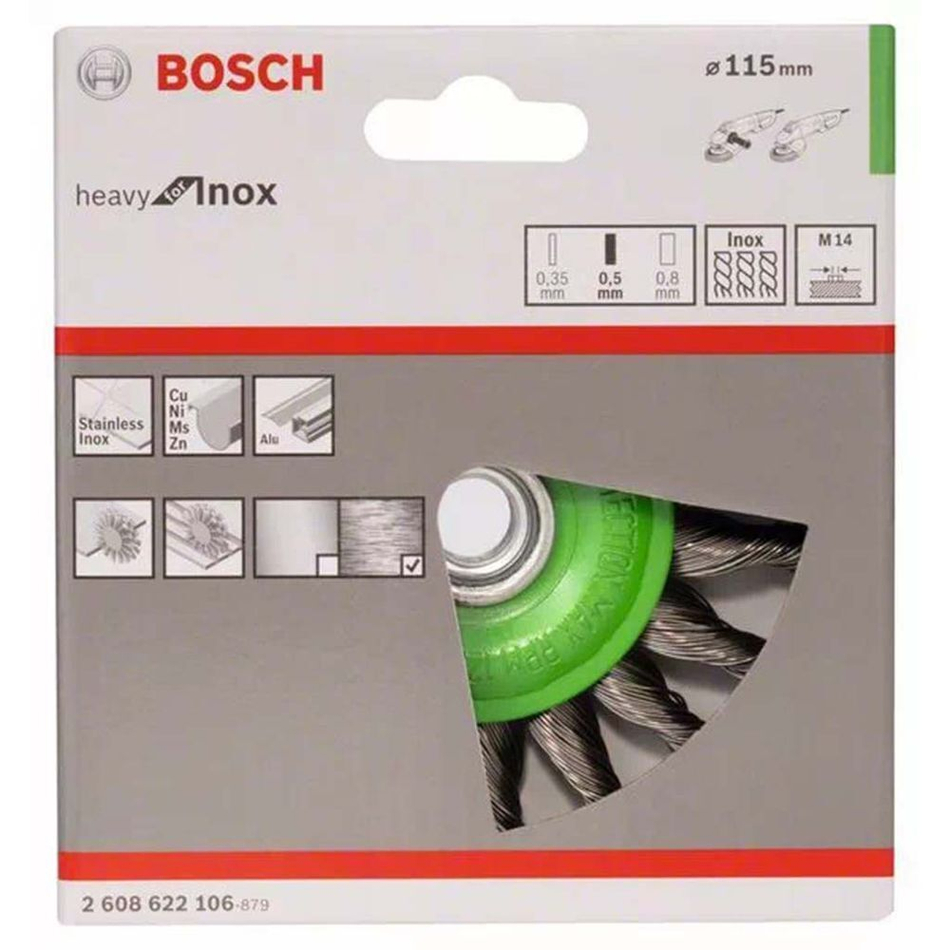 Щетка для дрели Bosch, 115 мм, плоская под шпильку, крученая проволока М14, 2608622106