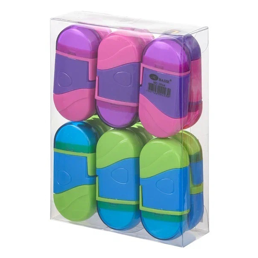 Точилка с ластиком Basir, одинарная, с контейнером, серия "Волна", 2 цвета, 7 см