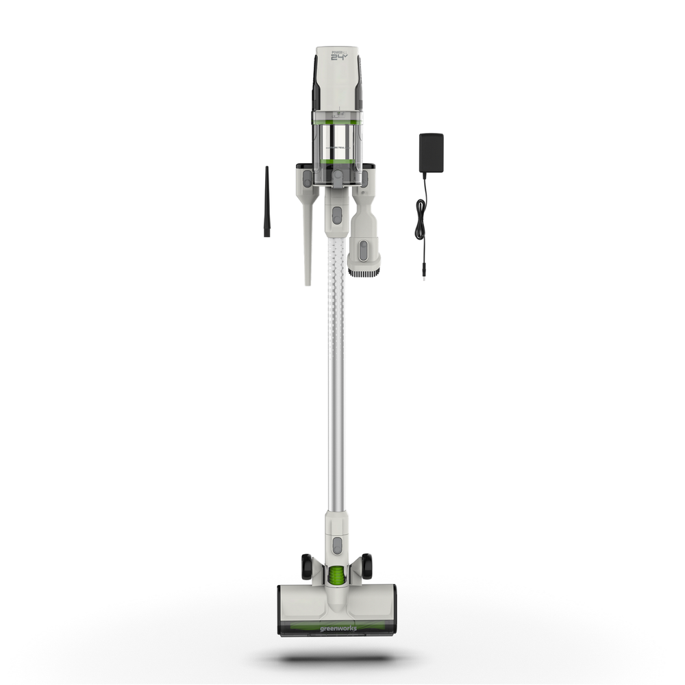 Пылесос вертикальный акк. Greenworks SV24360, 24V, б/щет, 250 Вт, 17 кПа, электрощетка, 2 насадки, LED, белый+серебро, 1х4Ач и ЗУ (4702107UB)