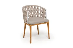 "Диего" стул плетеный из роупа, основание дуб каркас из стали белый муар, роуп бежевый круглый, ткань бежевая 052