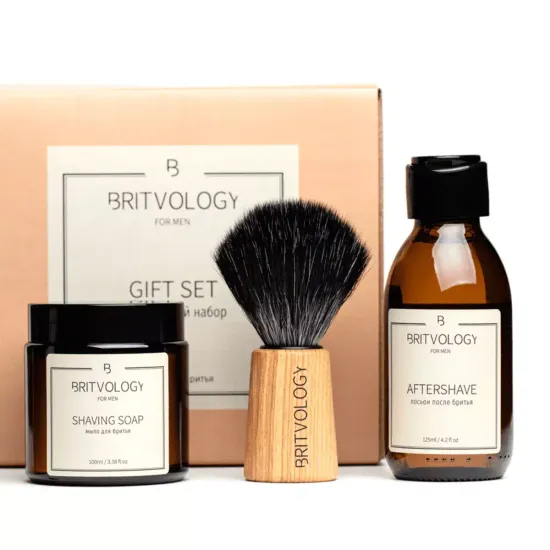 Набор для бритья BRITVOLOGY, крем-мыло для бритья, лосьон после бритья, помазок с ворсом из фибры