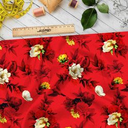 Ткань блэкаут цветы на красном фоне