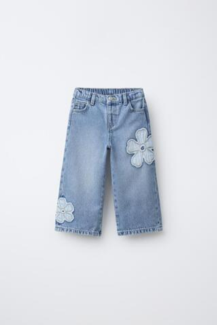 ZARA ДЖИНСЫ WIDE LEG С ЦВЕТОЧНЫМ УЗОРОМ, СИНИЙ