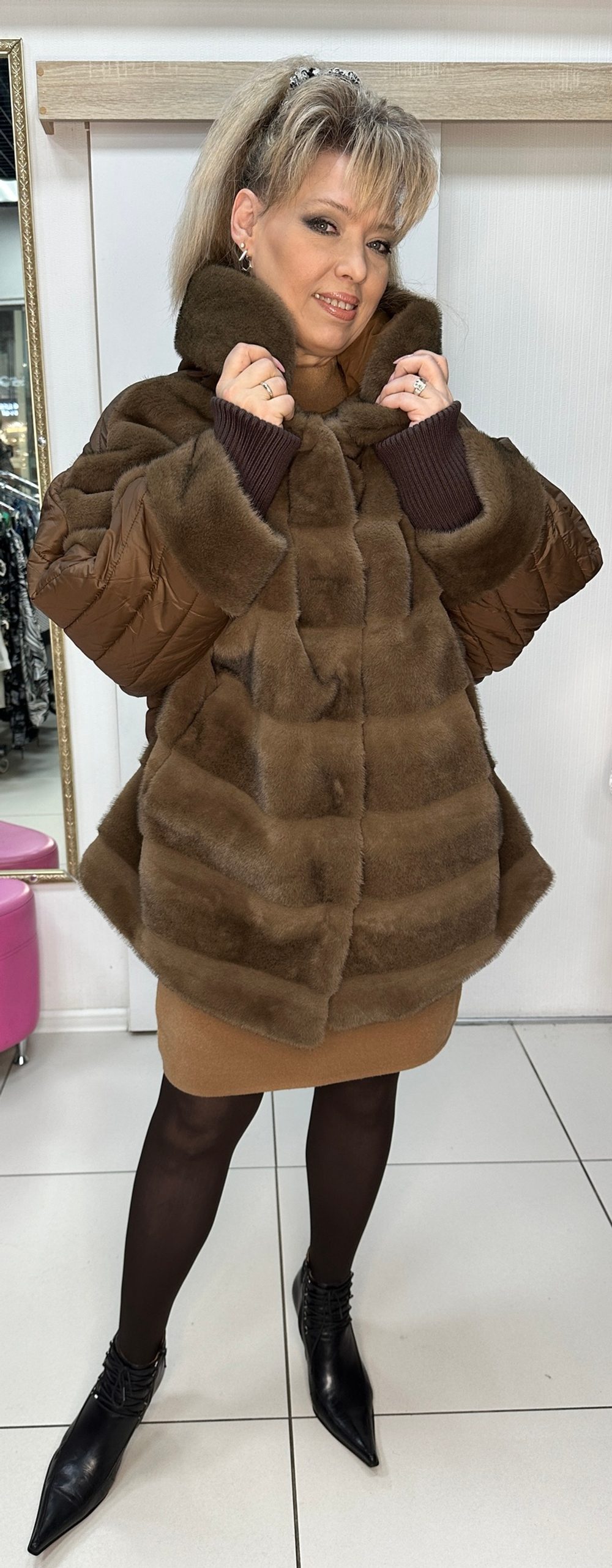 Комбинированная куртка-шубка из искусственного меха