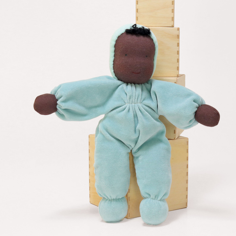 Большая вальдорфская кукла для сна "Малыш голубой афро", 30 см