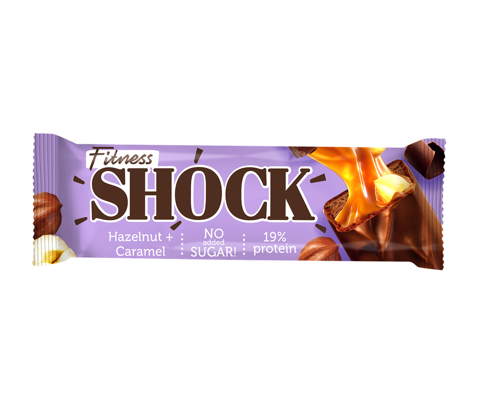Батончик глазированный FitnesShock 50 гр. Nuts Шоколад-фундук с карамелью
