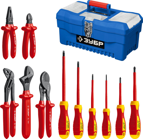 Набор: Губцевый инструмент, диэлектрический, высоковольтный до ~1000В, маслобензостойкая рукоятка, 12предм, ЗУБР Профессионал 2214-H12