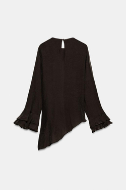ZARA АСИММЕТРИЧНЫЙ ТОП С ВОЛАНАМИ, КОРИЧНЕВЫЙ