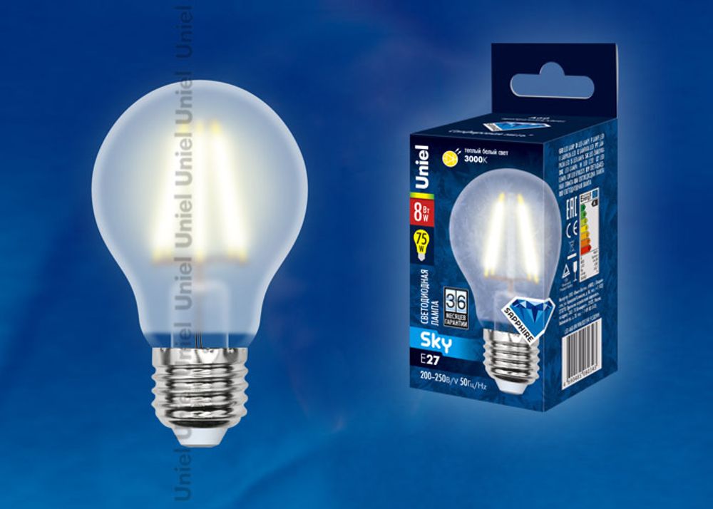 LED-A60-8W/WW/E27/FR PLS02WH Лампа светодиодная. Форма A, матовая. Серия Sky. Теплый белый свет. Картон. ТМ Uniel.