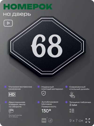 Номерок на дверь квартиры 68, для кабинета, офиса, шильдик 9 х 7 см, черный, Айдентика Технолоджи
