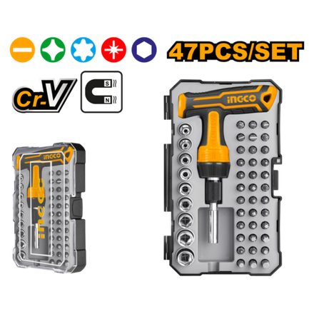Отверткa реверсивная Т-образная с набором бит и головок INGCO HKSDB0478 47 шт.