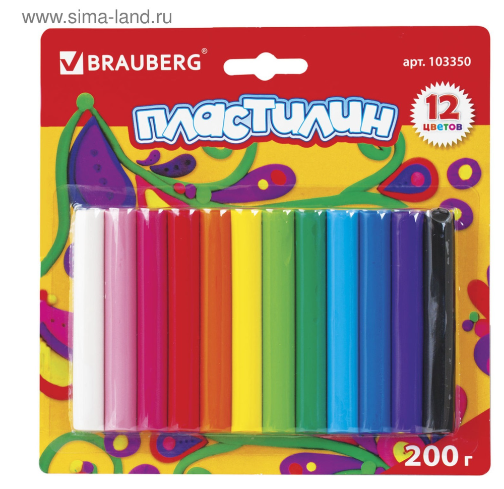 Пластилин 12цветов 200гр.BRAUBERG высшее качество,в блистере 3087
