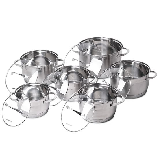 Набор кастрюль 12 предметов Kamille KM-4704S из нержавеющей стали (1,8 л; 2х2,3 л; 2х3,3 л; 5,8 л. 7-слойное дно)