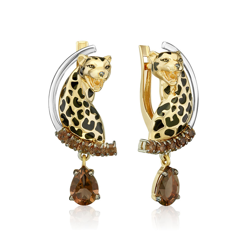 Серьги «Леопарды» с английским замком из комбинированного золота с кварцем дымчатым и эмалью