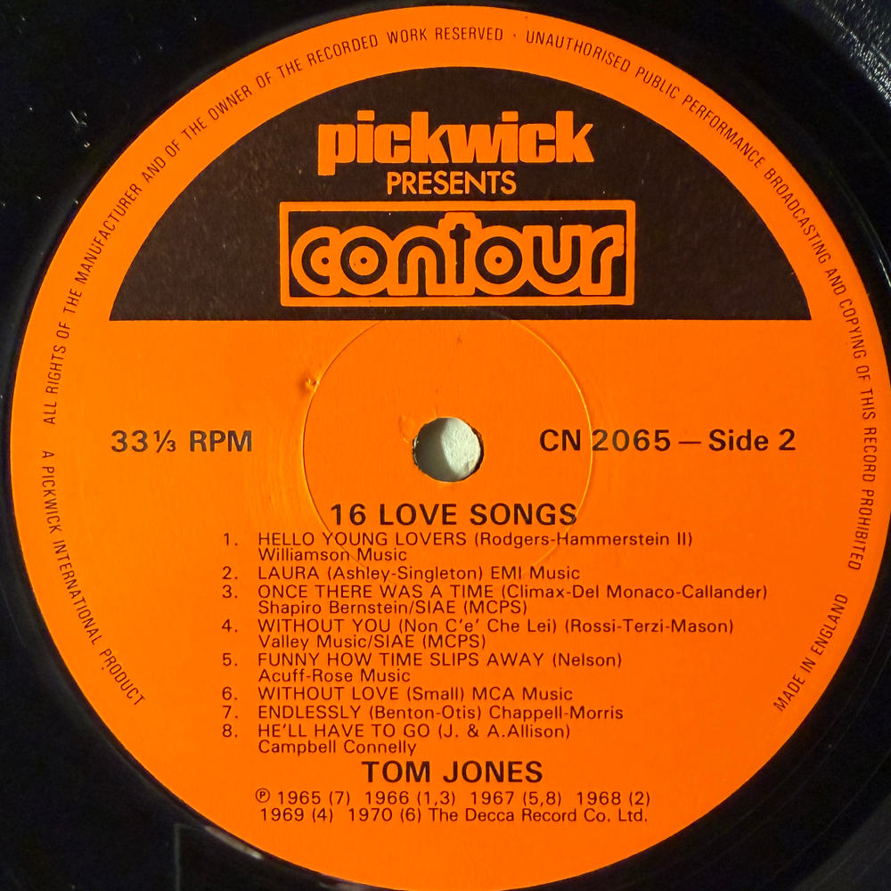 Tom Jones ‎– 16 Love Songs (Англия 1983г.) Т