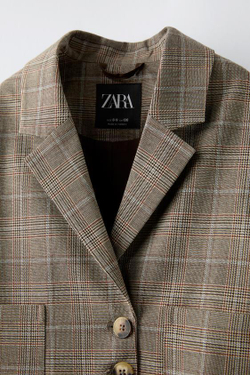 ZARA УКОРОЧЕННЫЙ БЛЕЙЗЕР В КЛЕТКУ, РЫЖЕВАТО-КОРИЧНЕВЫЙ