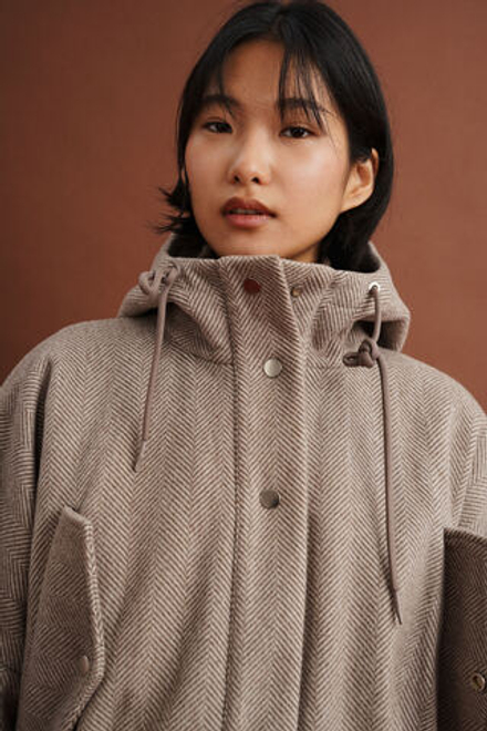 Парка из смесовой ткани, бежевая елочка