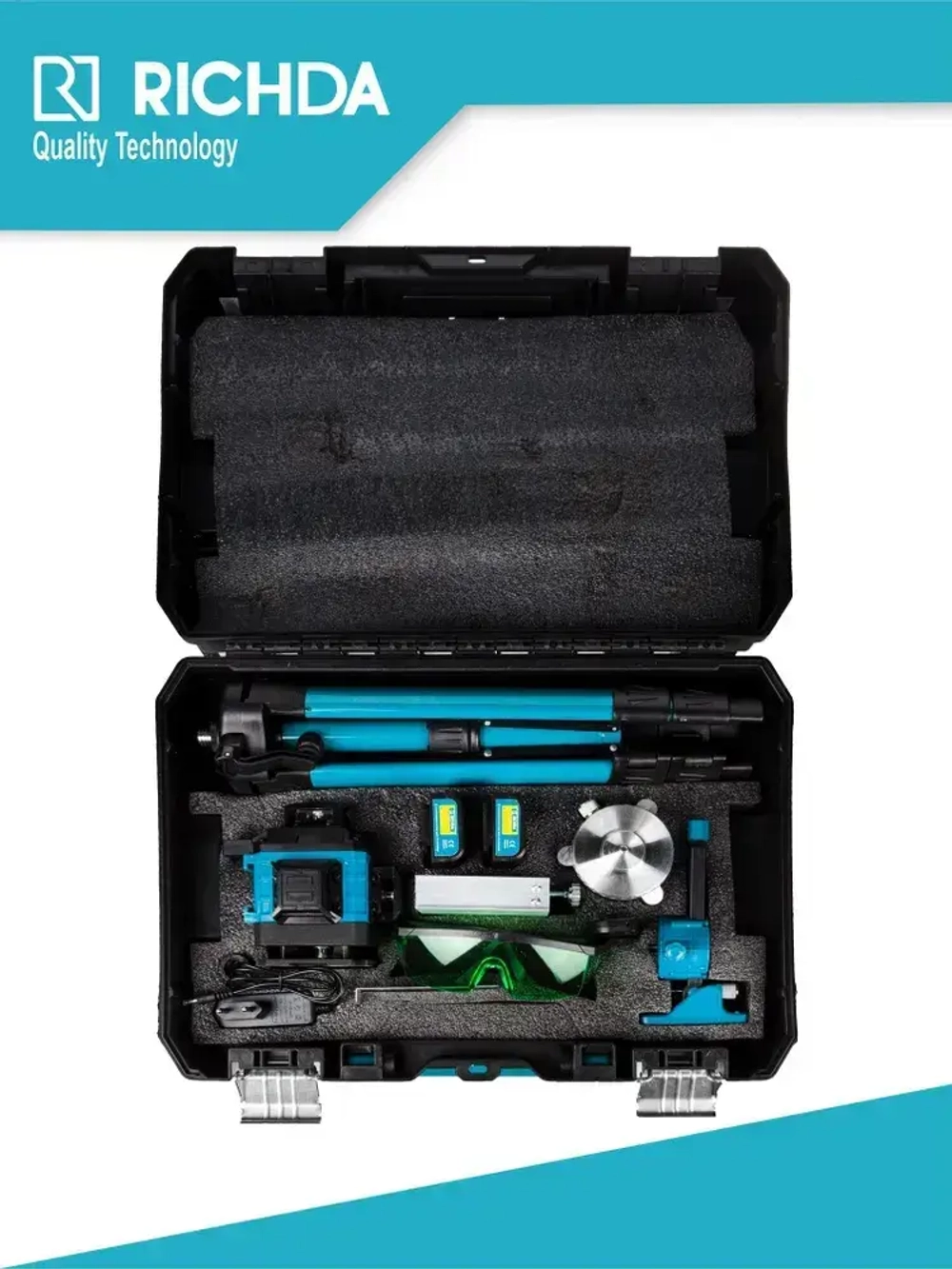 Профессиональный лазерный уровень строительный RICHDA 360 4D / Нивелир, 16 лучей с пультом управления и штативом