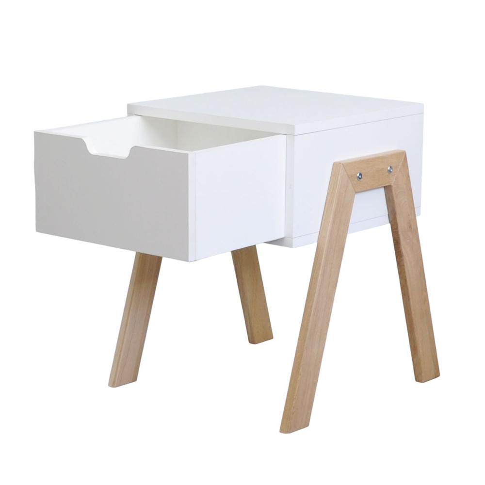 Тумба прикроватная Мунк в спальню и прихожую, с ножками из дуба, с ящиком, белый