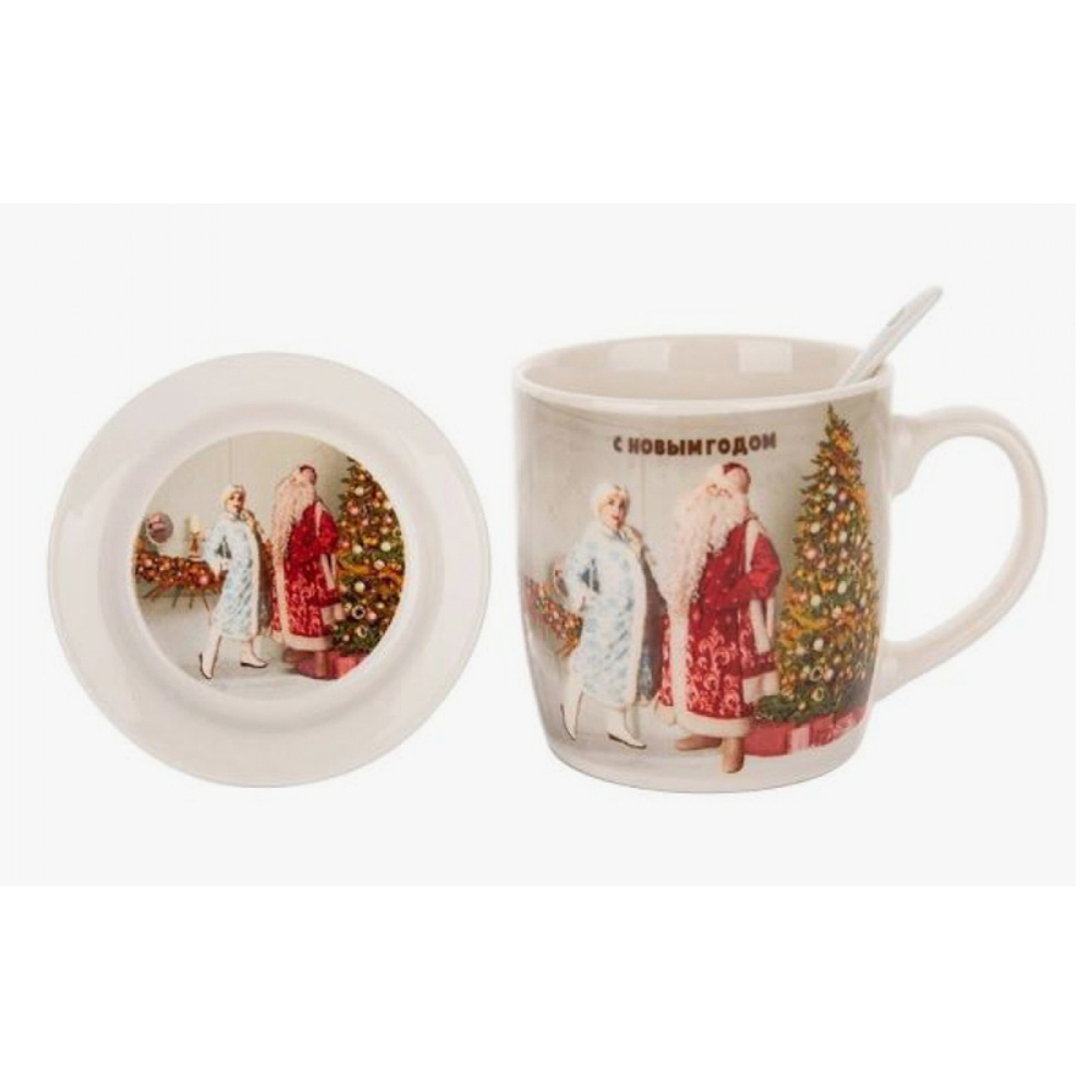 кружка + блюдце + ложка новогодняя набор (белый)