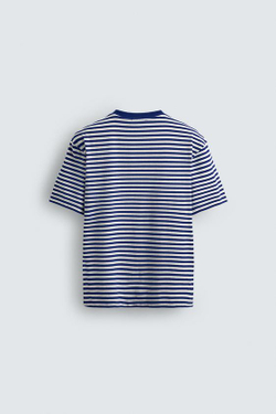 ZARA ФУТБОЛКА REGULAR FIT ЖАККАРД В ПОЛОСКУ, БЕЛЫЙ/СИНИЙ