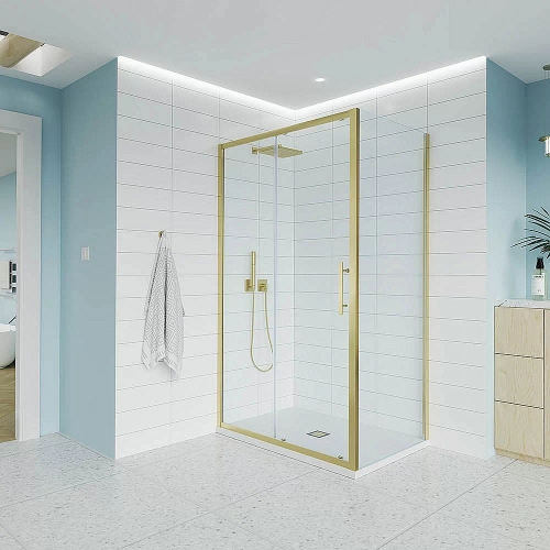Душевой уголок Veconi Evo 100SP G 110x80 стекло прозрачное/профиль брашированное золото