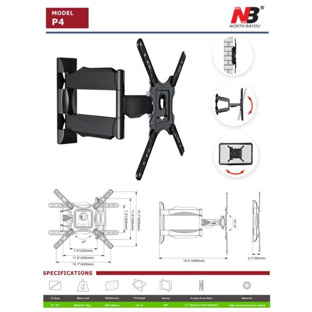 Кронштейн для телевизора NB поворотный диагональ 32"-65"