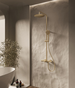Душевая стойка Vincea Desire VSFS-1D1TBG термостатическая с изливом, 25см верх душ, брашированное золото