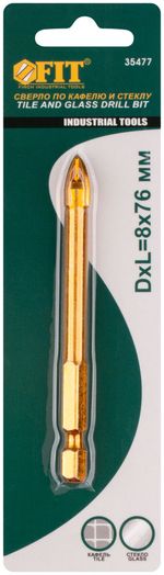 35477 Сверло по кафелю, 4 режущие кромки, титановое покрытие, U-хвостовик под биту 8 х 76 мм FIT