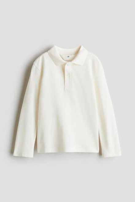 H&M Рубашка-поло из хлопка с длинным рукавом, белый