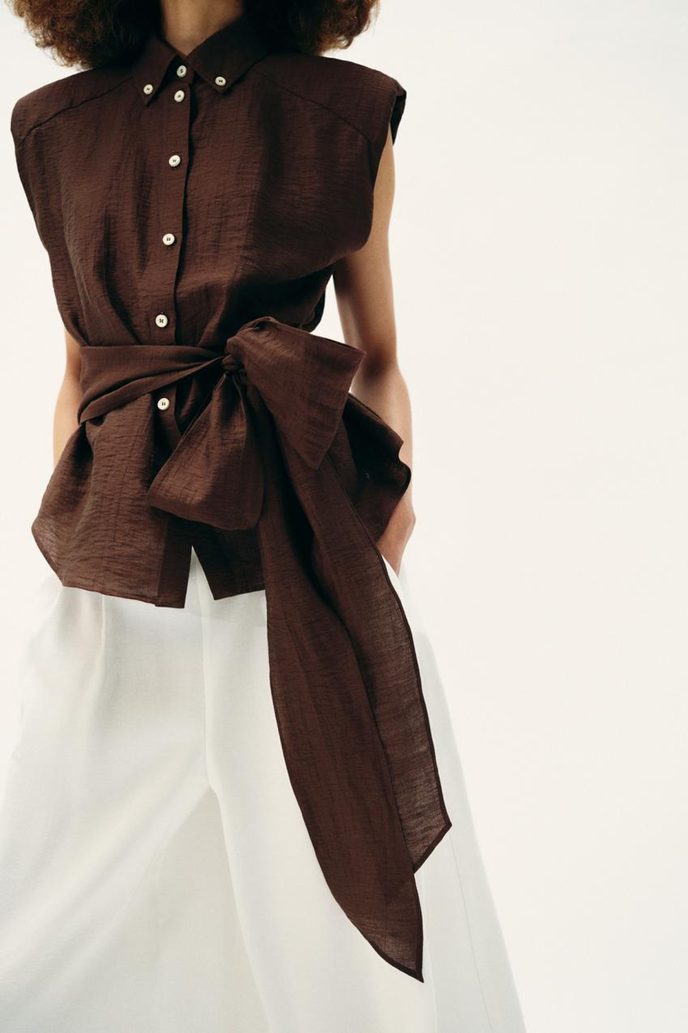 ZARA ТОП С ПОГОНАМИ И ПОЯСОМ, ТЕМНО-КОРИЧНЕВЫЙ
