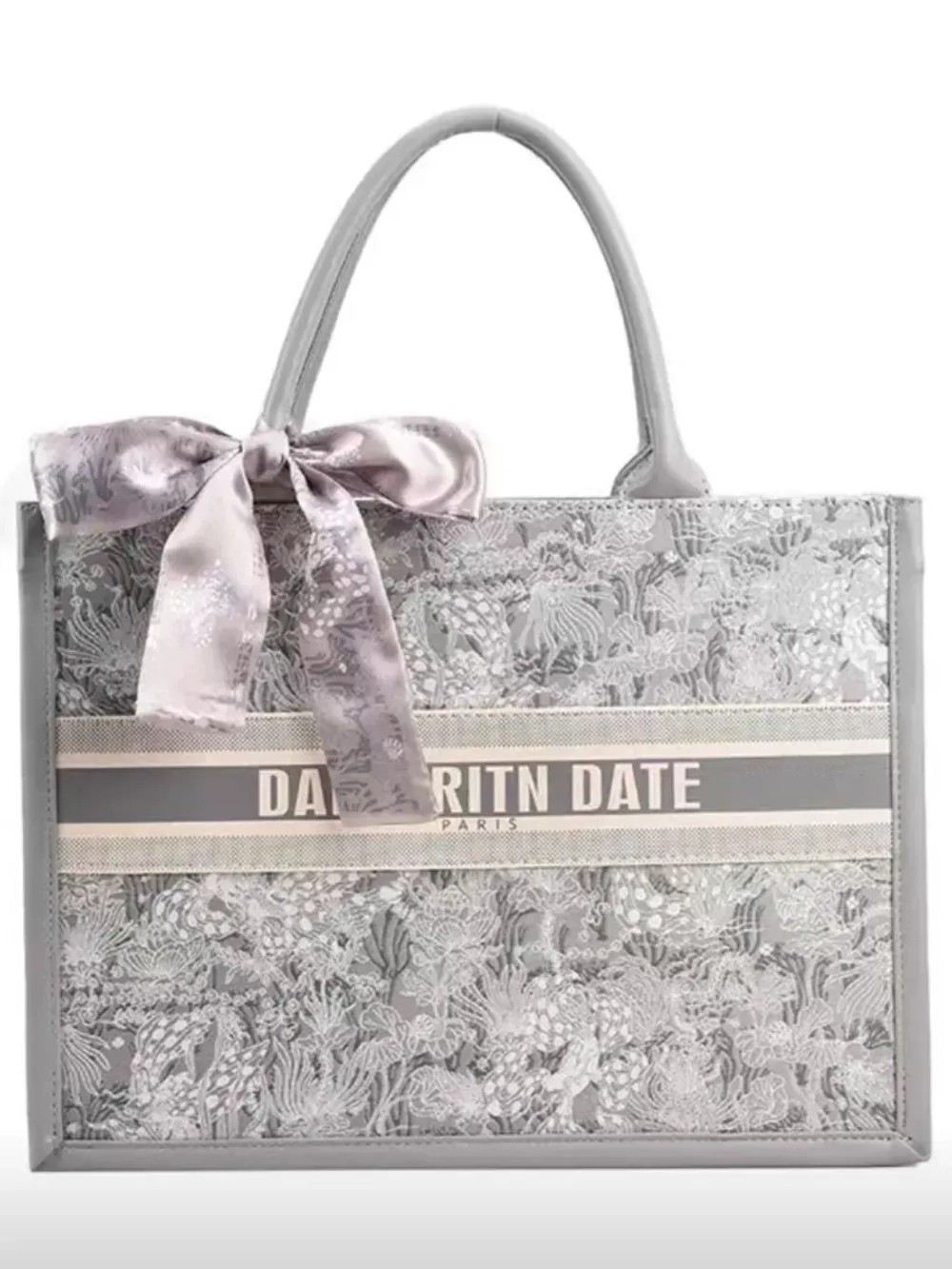 Сумка для учебы большая а4 тоут серая y2k с бантиком