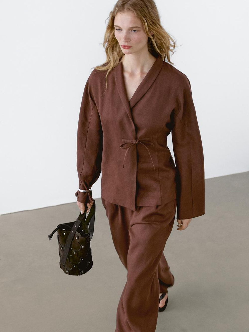 Massimo Dutti Кимоно из 100% струящегося льна, коричневый