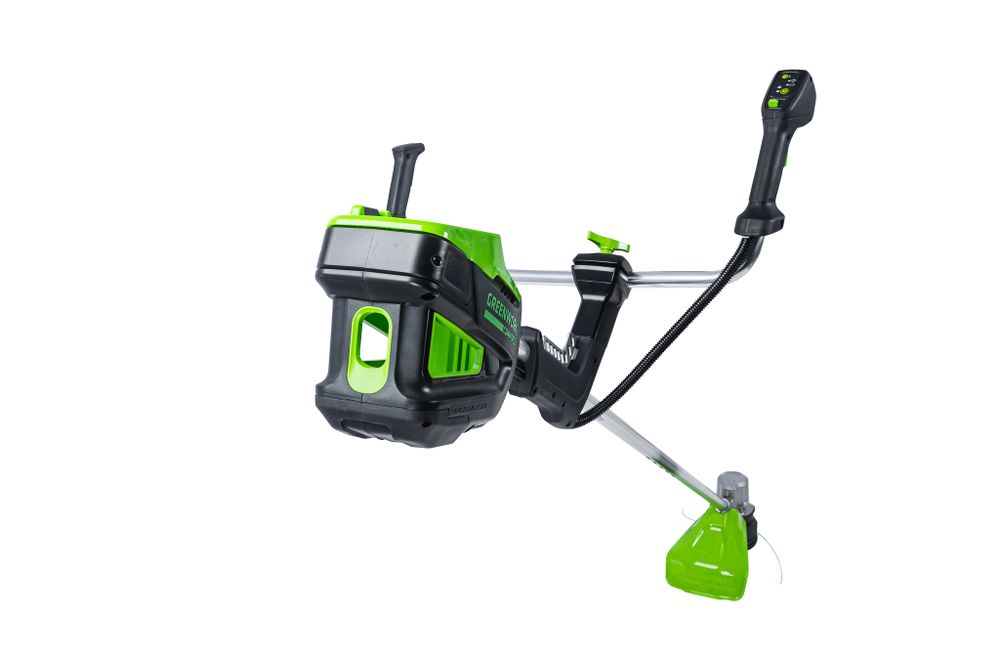 Триммер аккумуляторный Greenworks TB201H, Арт. 2112407UB, 82V, 2,0 кВт, 46 см, c трехлопастным ножом и кусторезом, бесщеточный, с АКБ 5Ач и ЗУ