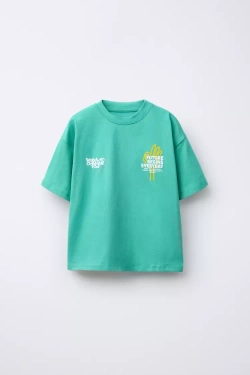 ZARA ФУТБОЛКА С РЕЛЬЕФНОЙ НАДПИСЬЮ, ЗЕЛЕНЫЙ