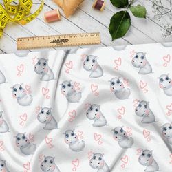 Ткань кулирная гладь бегемотики и сердечки