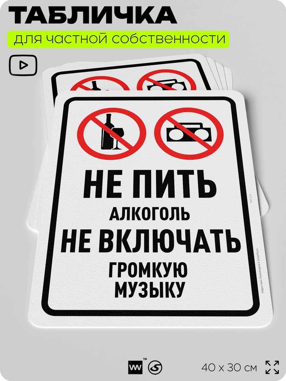Табличка для частной территории "Не пить алкоголь, не включать громкую музыку", на дом, для участка, организаций и частных территорий, предупреждающая, 40х30 см, Silver Plane x Айдентика Технолоджи