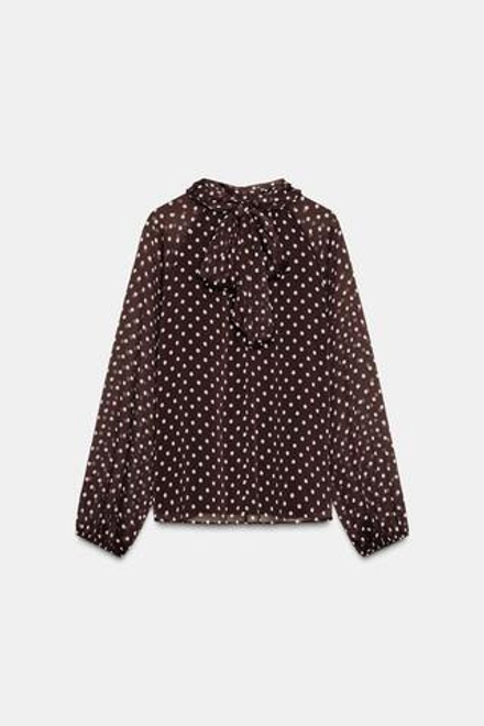 ZARA БЛУЗА В ГОРОШЕК С БАНТОМ, КОРИЧНЕВЫЙ/ЭКРЮ