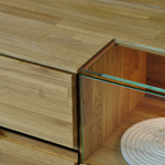 Тумба под телевизор Паво из дуба с подсветкой, 140х42х50, 1 дверь со стеклом, 4 ящика, цвет натуральный