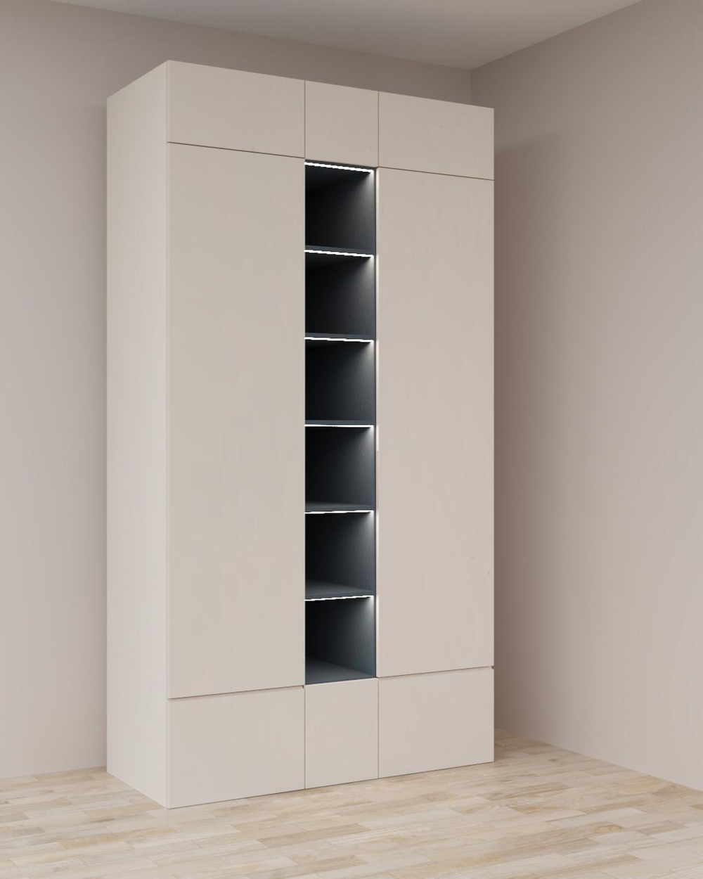 Современный шкаф для одежды с открытыми полками и подсветкой