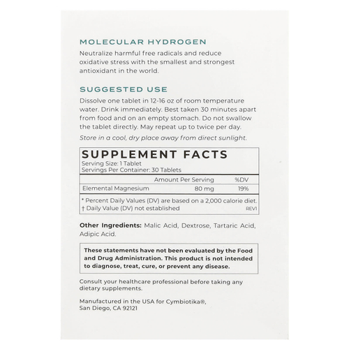 Cymbiotika, Moleular Hydrogen, 30 шипучих таблеток (80 мг в 1 таблетке)